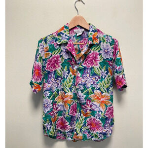 Vintage Womens Top Small Silk Satin Floral Button Up Retro Tropical Hawaiian 90s